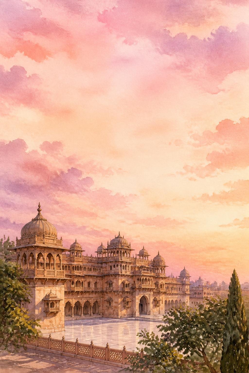 Watercolour illustration of a sandstone palace beneath a blush dawn sky